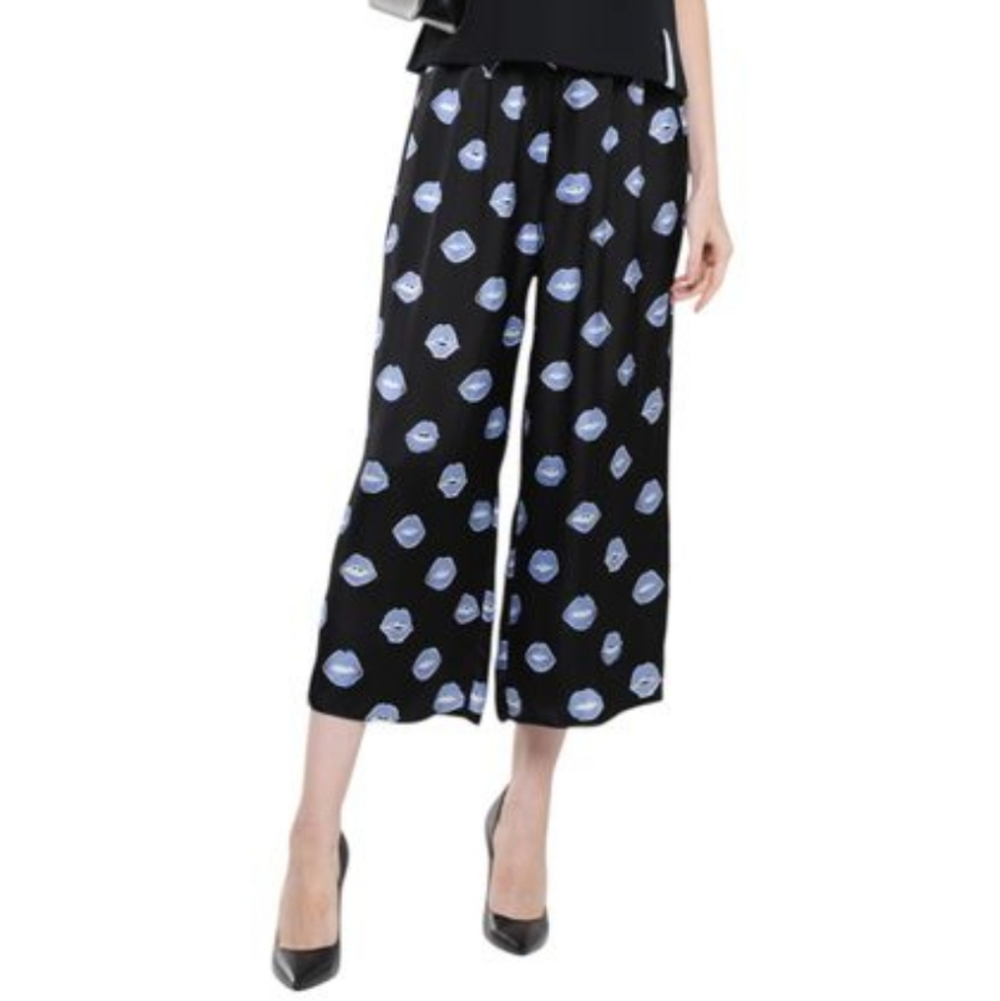 Khaite Printed Black Cuprio Wide-Leg Crop Pants Blue Lip Print Size Small